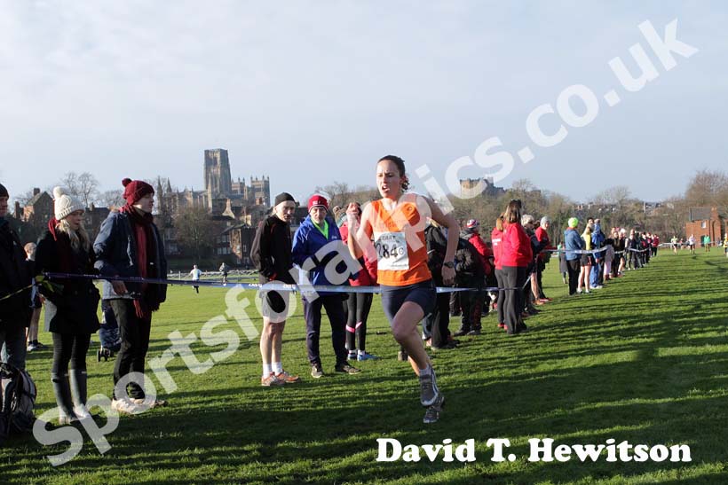 Aiveen Fox brings Durham City home first in the 2013 Durham Cathedral Relays senior womens race.